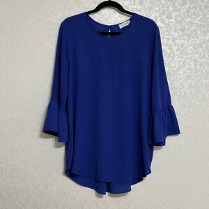 Ces Femme Solid Blue Blouse Bell 3/4 Sleeve Keyhole Top Stretch Sz L
